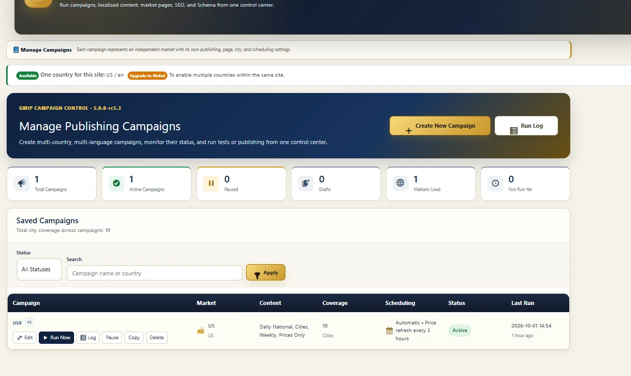 GMIP Manage Publishing Campaigns showing automatic price refresh scheduling and last run information