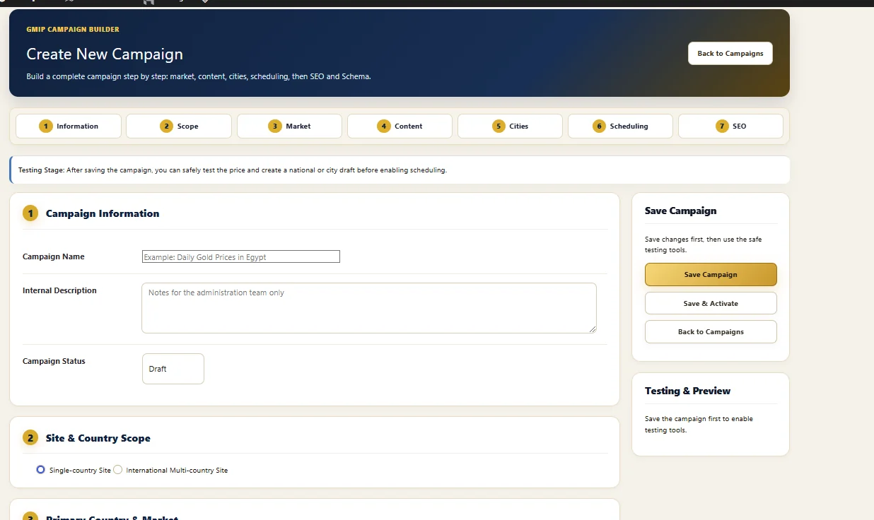 GMIP Campaign Builder with Information, Scope, Market, Content, Cities, Scheduling and SEO steps