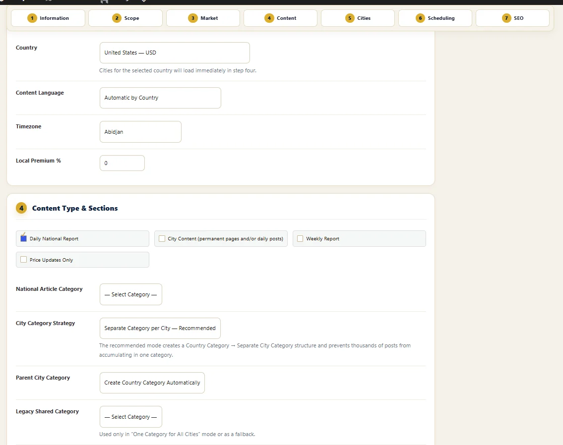 GMIP Campaign Builder showing Daily National Report, City Content, Weekly Report and Price Updates Only content modes